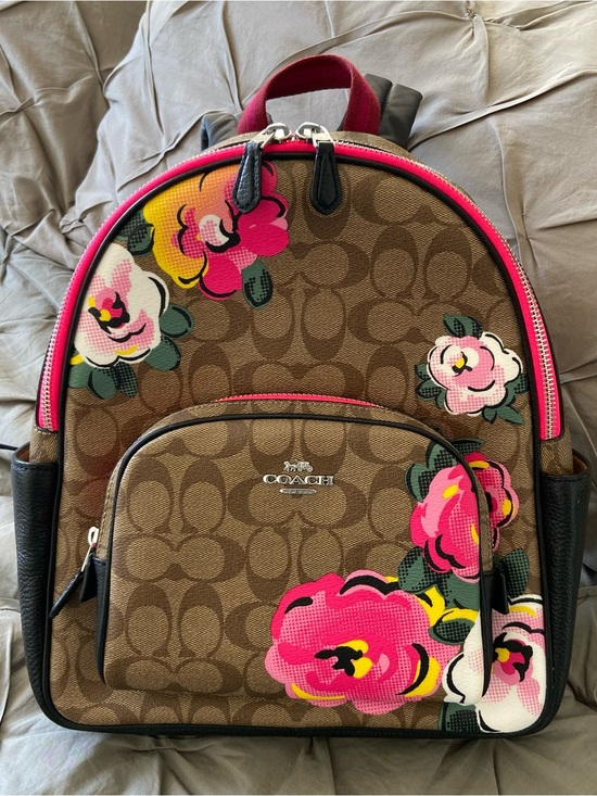Coach Handbags - Coach Brown Signature Canvas Backpack with Pink Floral Accents